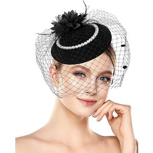 Veil Pillbox Hat Fascinators Hats for Women - Vintage Cocktail Tea-Party-Hat with Pearl for Wedding Briding