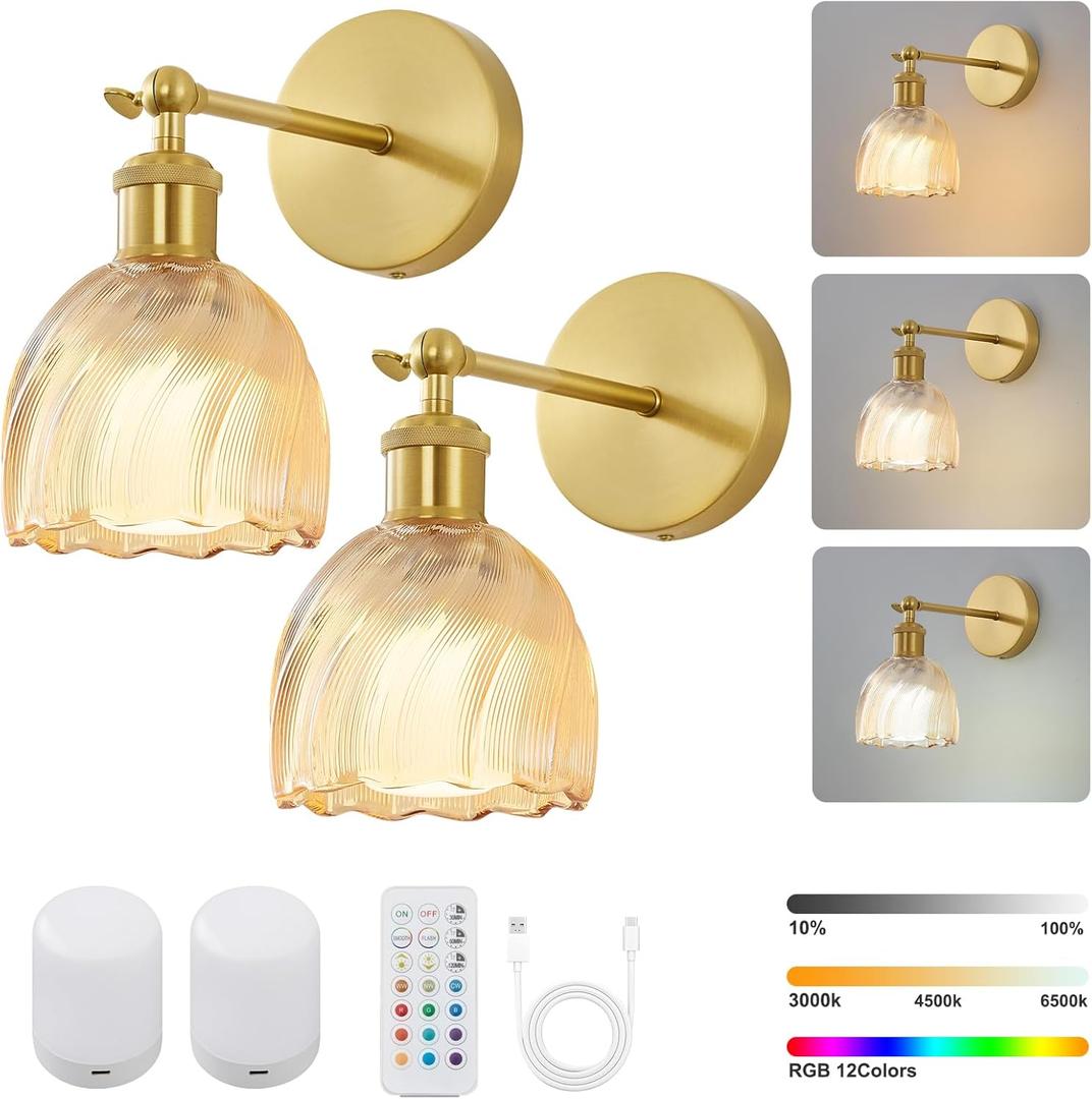 Vintage Battery Powered Cordless Wall Sconce Set of 2, Battery Wall Sconce with Amber Tulip Glass Lampshade, Rechargeable Battery Powered Wall Lights with Remote Control for Bedside Bedroom Doorway