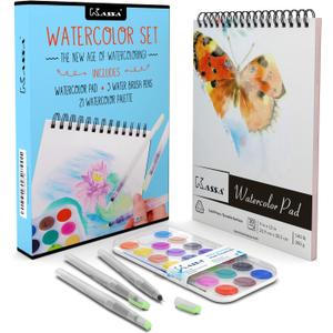 Kassa Watercolor Painting, Drawing & Art Supplies Set | Includes 21 Watercolor Palette, 30 Sheets & 3 Water Brush Pens in Assorted Sizes | Ideal for Home, School Art Projects & Bedroom Decoration