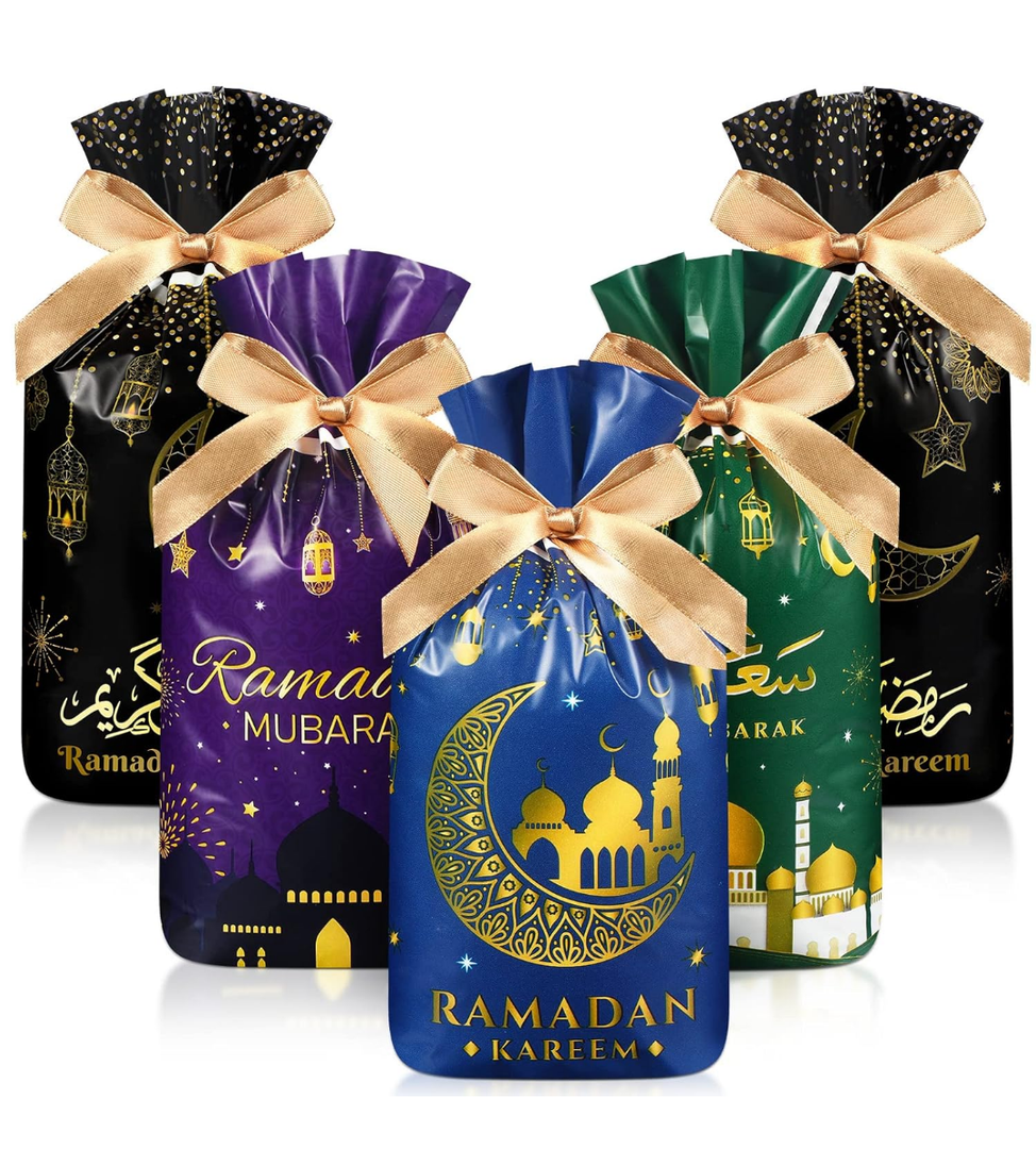 Funrous 40 Pcs Eid Mubarak Gift Bags Plastic Treat Bags Ramadan Theme Clear Printed Drawstring Bags Eid Candy Goodie Bags Castle Moon Star Snack Wrap Bags for Party Decorations Favors, 4 Designs