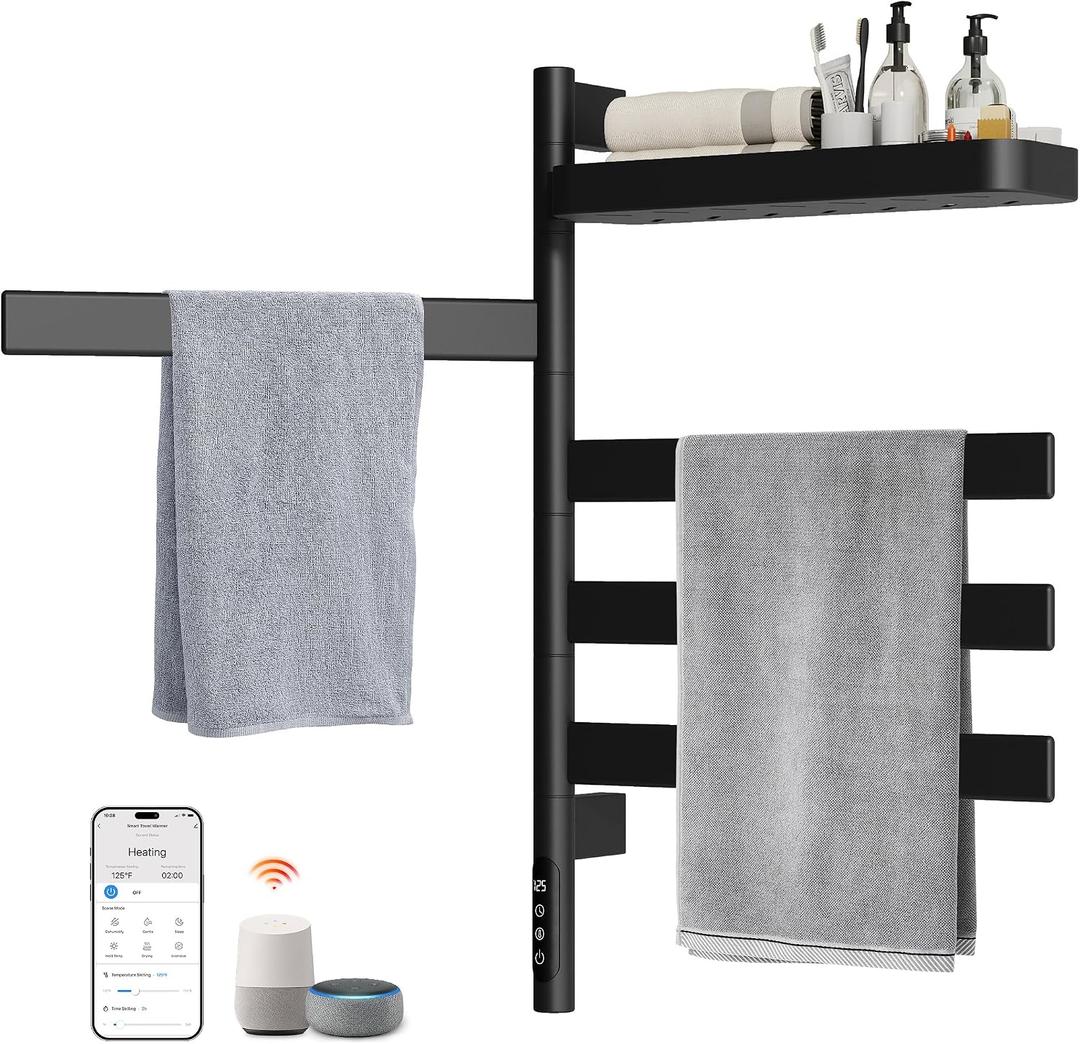 Smart Rotating Heated Towel Rack, 4-Bar, Matte Black | Wall-Mounted Electric Towel Warmer, Swivel Shelf, Wi-Fi App Control, 24H Timer, Stainless Steel