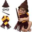 Newborn Photography Props Magic Wizard Witch Hat Scarf Wand Glasses Frame Decoration, 4 PCS Baby Halloween Photoshoot Propsy Outfits, Baby Cosplay Party Costume Supplies