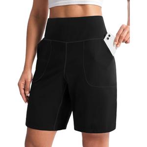 Cyasundent Women's 9" Bermuda Shorts with Zipper Pocket Knee Length High Waisted Shorts for Women Casual Walking Yoga Workout(Black_L)