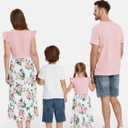 PATPAT Family Matching Outfits Mommy and Me Outfits Floral Dress & Tee Sets | Couples Matching Outfits, Women Girl Flutter Sleeve Dress, Men Boy Cotton Blend T-shirts, Beach Vacation, Family Photoshoot (Pink, XL)
