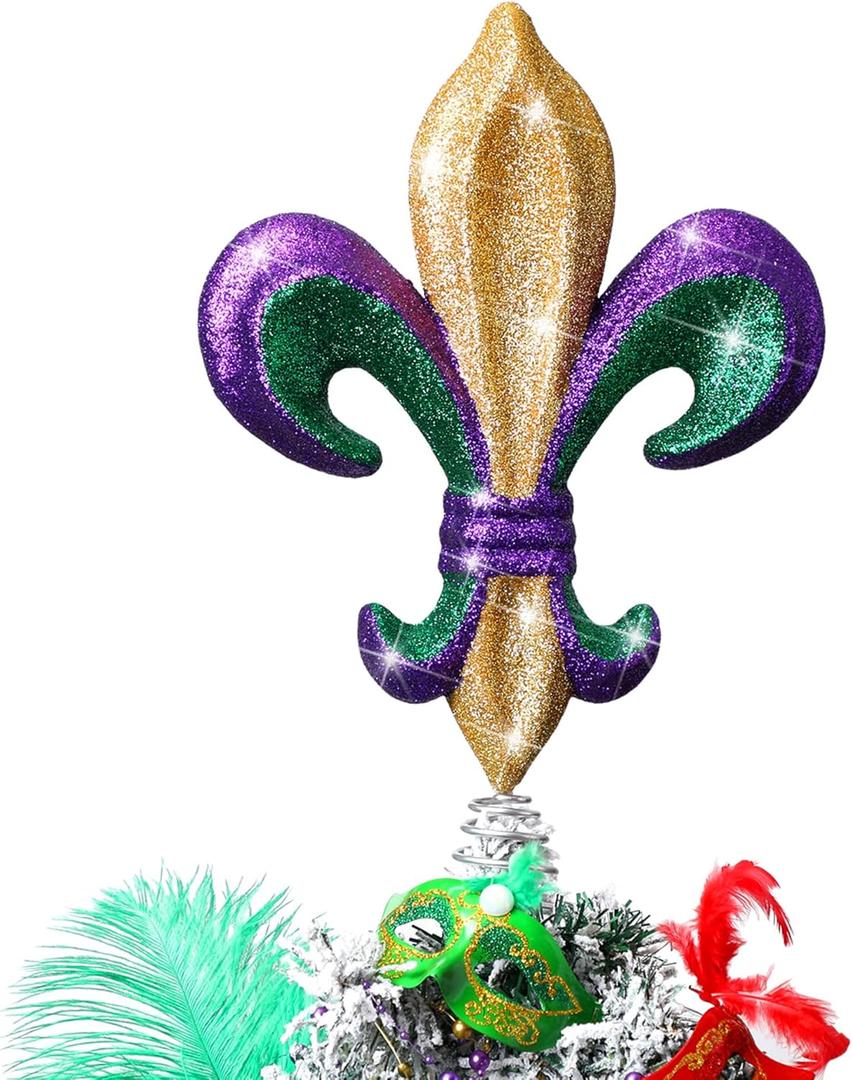 Soulchen 14 Mardi Gras Tree Topper Fleur-de-lis Tree Topper Purple Green Gold Glitter Ornament for Carnival Holiday Party Home Wedding Decoration