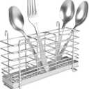 KESOL 304 Stainless Steel Utensil Drying Rack with Hooks & 3 Divided Compartments, Silverware Drying Basket, Spoon and Fork Organizer, Rustproof Kitchen Drainage Basket Accessories, Silver, 2x8.7x5