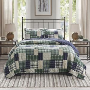 Madison Park Patchwork Farmhouse Green/Navy Queen Quilt Set, 3pc, Full/Queen