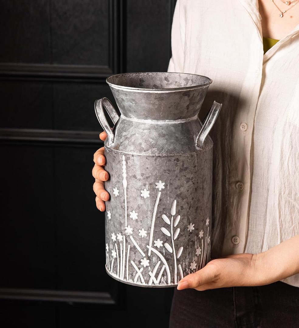 Vintage Galvanized Metal Milk Can, Farmhouse Rustic Flower Pitcher Vase, Decorative Floral Milk Jug Vase for Home Dcor, 10.8H