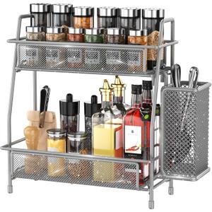 LEMIKKLE Spice Rack Organizer for Kitchen Counter, Spices Organizer and Storage Seasoning Organizer for Cabinet, Kitchen Metal Countertop Organizer with Side Basket (Grey)