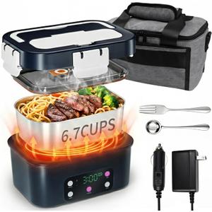 Electric Heated Lunch Box, 6.7 Cups | 1.6L, 15600mA Battery Powered, Portable Cordless Self Fast Heating Food Container Warmer, Timer Preset Heating, Car, Truck, Picnic, Outdoor Work Use