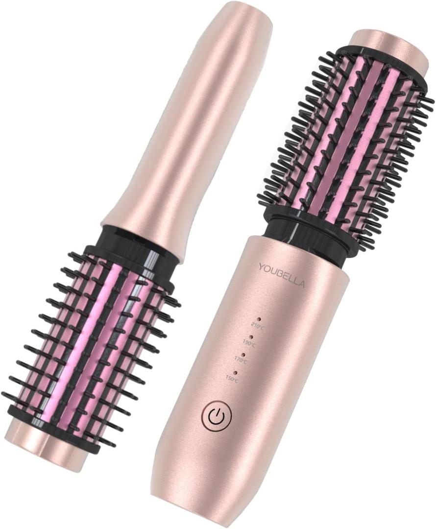 Youbella Cordless Hair Curling Iron Brush, Mini Travel Hot Straightener Comb, 3-in-1 Portable Wave Curling Wand, 1.5 Ionic Heated Brush, USB Rechargeable Hair Curler, Pink  No Automatic Rotation