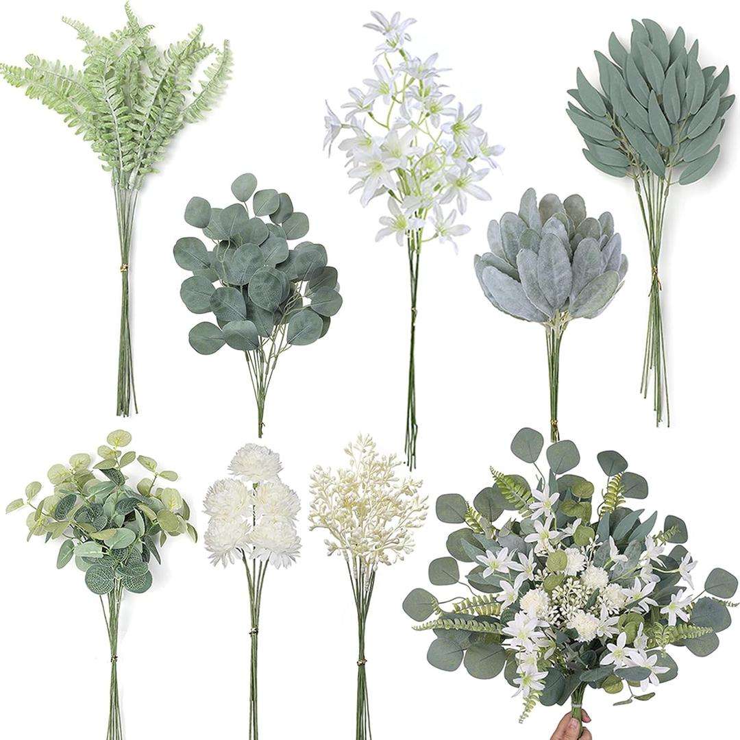 VIERENA Artificial Greenery Stems Box (65pcs) with 8 Kinds of Faux Plants and Fake Flowers for DIY Wedding Bouquet Table Centerpieces and Floral Arrangement (Beige&Dusty Green)