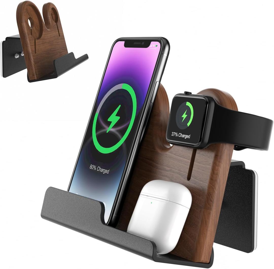 3 in 1 Wall Mount Compatible with magsafe Charger StandWood Phone Holder for iPhone 15/15 Pro/14/13/12 Series, Compatible with Apple Watch, AirPods, Magsafe Accessories[MagSafe Charger Not Included]