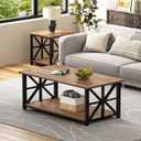 GreenForest Coffee Table with Round Corner, Farmhouse Center Table with 2-Tier Storage Shelf X-Frame Design for Living Room, 39 inch Walnut, 39.37 x 20.47 x 18.7 inches