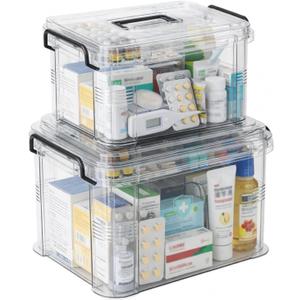 2 Pack First Aid Kit and Travel Medicine Organizer Storage Box,Home Medicine Cabinet With Lock Lid & Handle,Clear Plastic First Aid Box Empty,Medicines Supply Container Caddy for Family