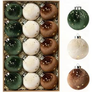 15 PCS Christmas Tree Ornaments Velvet Balls, 3.15 Inch Large Velvet Christmas Tree Ball Ornaments Set Star, Shatterproof Plastic Hanging Bulb for Xmas Tree Decorations - Multicolor Green Brown Beige