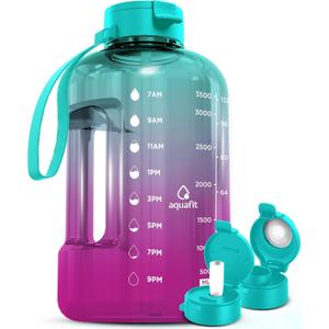 AQUAFIT 1 Gallon Water Bottle with Time Marker - Straw & Chug Lid - BPA Free Gym Water Bottle with Straw - Big Gallon Jug (Galaxy, 128 oz - 2 Lids)