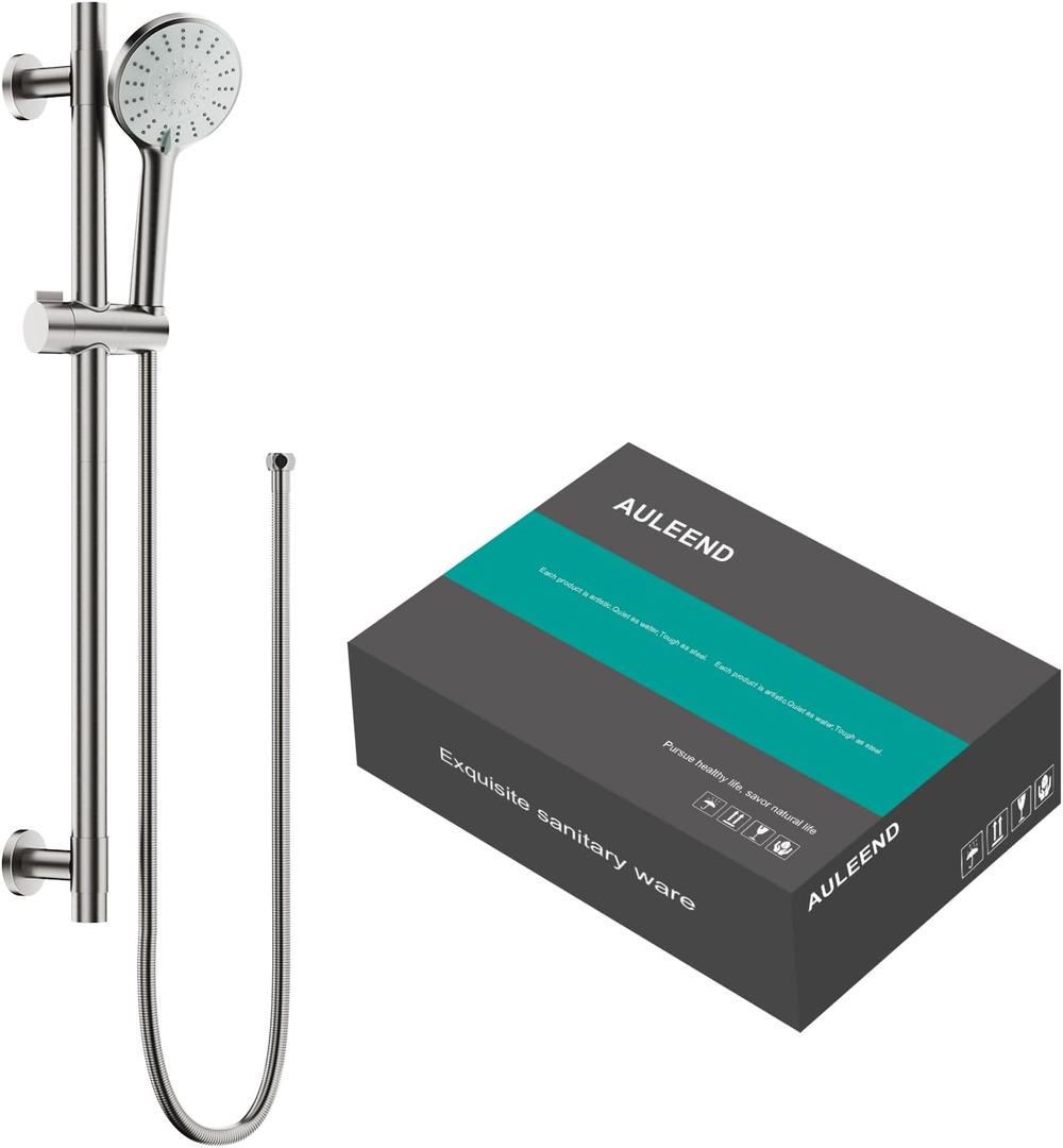 Shower Slide Bar Handheld Shower Head with Hose, 5-Function Hand Shower with Wall Mount shower slide bar, adjustable height shower head (A-round, Brushed Nickel)