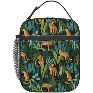 cromcu Insulated Lunch Box for Girls Kids Women Cheetah Lunch Box for Work,Picnic,School,Travel,Hiking,Beach or Fishing Polyester Leopard Print Palm Green Theme Lunch Bag