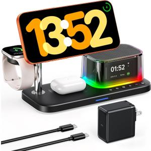 45W 5 in 1 Charging Station with Bluetooth Speaker and Alarm Clock & Night Light, Qi2.2 25W Fast Wireless Charger for MagSafe Charger for iPhone 17/S26 Ultra, Charger Stand for iWatch & Galaxy Watch