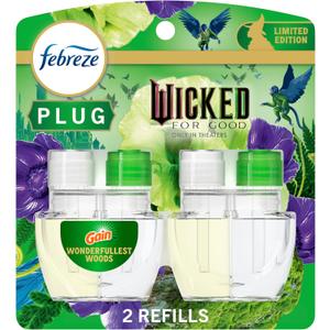 Febreze Plug In Air Freshener, "Wicked: For Good" Limited Edition Odor-Fighting Scented Oil Refill, Air Fresheners for Home and Bathroom and Kitchen, Long Lasting, Wonderfullest Woods, 2 Count
