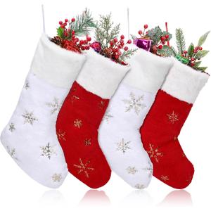4 Pcs Snowflake Plush Hanging Stocking Christmas Snowy Stockings Hanging Ornaments Golden Glitter Snowflake Hanging Stocking for Mantels, Christmas Tree Family Holiday Decor, Red and White