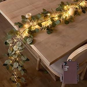 Hairui Lighted Artificial Eucalyptus Garland 6FT 96 LED Battery Operated Faux Vine Lights with Timer for Spring Wedding Backdrop Wall Decoration