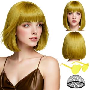 PLULON Gold Short Bob Wig with Bangs for Women, Colorful Neon Short Bob Synthetic Hair Wigs with Hair Cap Heart Sunglasses for Adults Girls Men Daily Bachelorette Halloween Costume Party Supplies