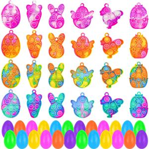 24 Pack Prefilled Easter Eggs with Mini Pop Keychain Fidget Toys Easter Eggs Filled for Kids Boys Girls Easter Basket Stuffers Party Favors Fillers Hunt
