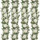 Dolicer 4Pcs 26Ft Artificial Eucalyptus Garlands with Flowers - 8 Roses, Faux Floral Greenery Garlands Fake Flowers Vines for Wedding Table Centerpieces Arch Party Ceremony Backdrop Decor (White)