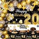 20th Birthday Decorations for Men, 20 Birthday Decorations Include Black and Gold Backdrop Banner, Tablecloth, Gold 20 Number Balloons, Explosion Star Balloons