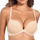 Plunge Padded Push Up Bras for Women Seamless Tshirt Deep V Bra Underwire Add 2 Cups (Beige, 42C)