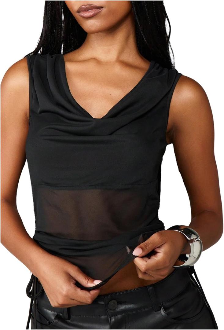 Women's Cowl Neck Sheer Tank Tops Drawstring Side Draped See Through Sleeveless Crop Top (Black, S)