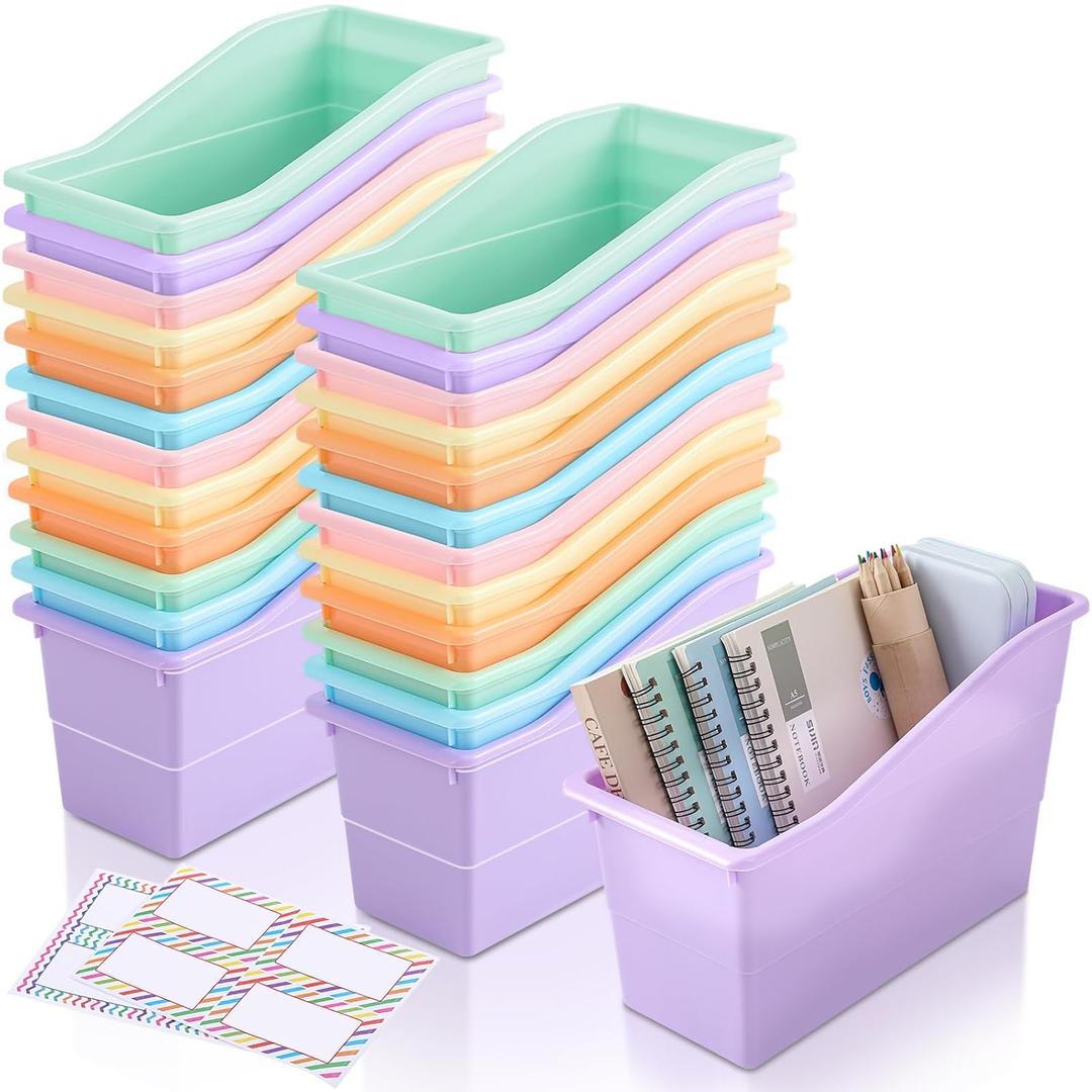 Blosssound 24 Set Book Bins for Classroom with Label Sticker Book Box Baskets Plastic Stackable Organizing Bins Storage & Organization for Classroom Library Home School Supplies (Pastel)