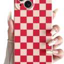 Compatible with iPhone 15 Case Cute Checkerboard Checkered Pattern Design Soft Slim TPU Phone Case Shockproof Full Camera Protection for Women Girls - Pink&Red