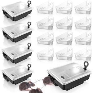 16 Packs Rat Station Box with Keys Includes 4 Large Rodent Rat Traps 12 Compact Mouse Station Mice Box for Outdoor Indoor Use Keeping Pets and Children Safe(Clear, Black)