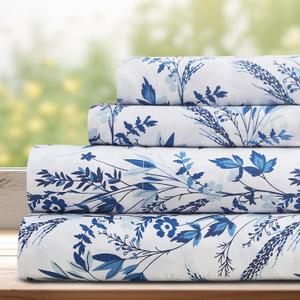 DREAMCARE Queen Size Sheets - Floral Sheets Queen Size Bed Set - 4pcs Queen Sheet Set - Cooling Bed Sheets - Queen Size Sheet Sets - Soft & Long Lasting 100% Brushed Floral Bed Set - Floral Blue