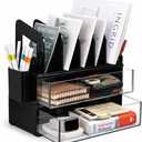 LALOBLUE Acrylic Desk Organizer with Drawer and Vertical File Holder, Desk Organizers and Accessories, Multi-Functional Office Supplies Organizer for Home or Work Desk, Black