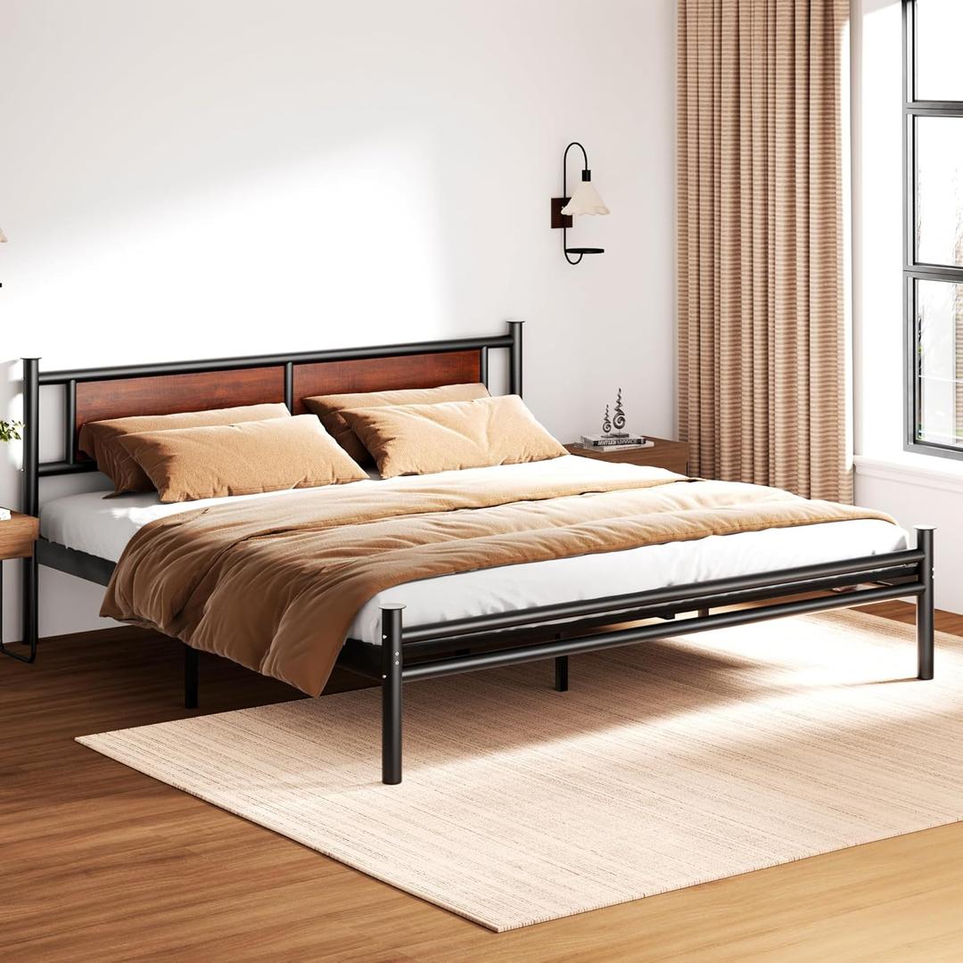 Sismplly  California King Bed Frame with Wooden Headboard, Heavy Duty Platform Bed with 12 inches Under Bed Storage, Black Metal Support System, No Box Spring Needed, Mahogany, 2.2L x 1.84W x 0.92H 