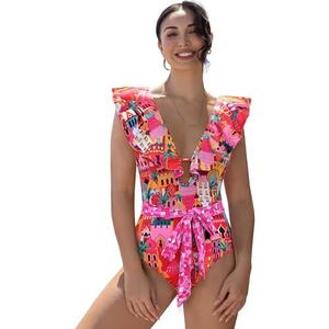 SPORLIKE Women One Piece Swimsuit V-Neck Ruffle Bathing Suit Padded Monokini,M