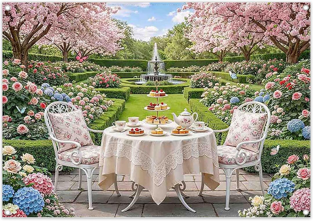 7x5ft Tea Party Garden Backdrop Spring Yard Fountain Dessert Table Floral Photography Background Girl Birthday Party Baby Shower Decorations Photo Booth Props