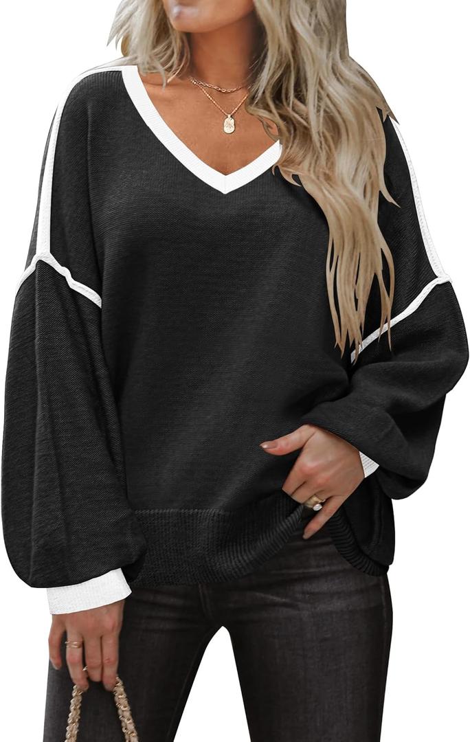ETCYY Women's Sweaters Fall Fashion 2026 Fall Clothes Teacher Outfits Long Sleeve V Neck Knit Pullover Oversized Sweater Tops (Small,Black)