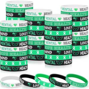 Wettarn 150 Pcs Mental Health Awareness Bracelet Bulk Green Awareness Ribbon Silicone Bracelets Rubber Motivational Wristbands Mental Health Gifts with Inspirational Saying for Women Men, 5 Styles