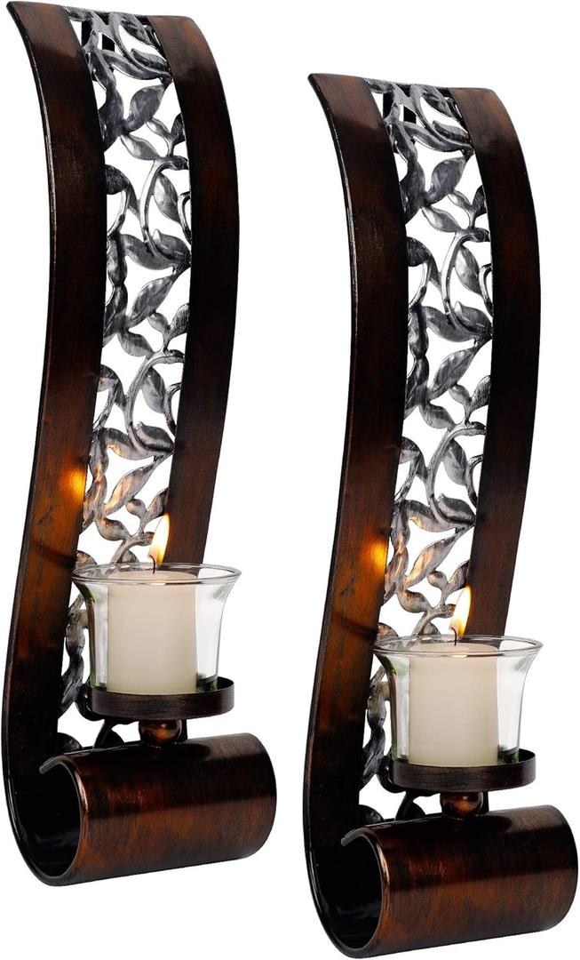 Shelving Solution Wall Sconce 14.4 x 3.5 Inch, with Tea Light Candle Holder Antique Bronze Style Metal Wall Art Decorations for Living Room, Bathroom, Dining Room and Office, Set of 2