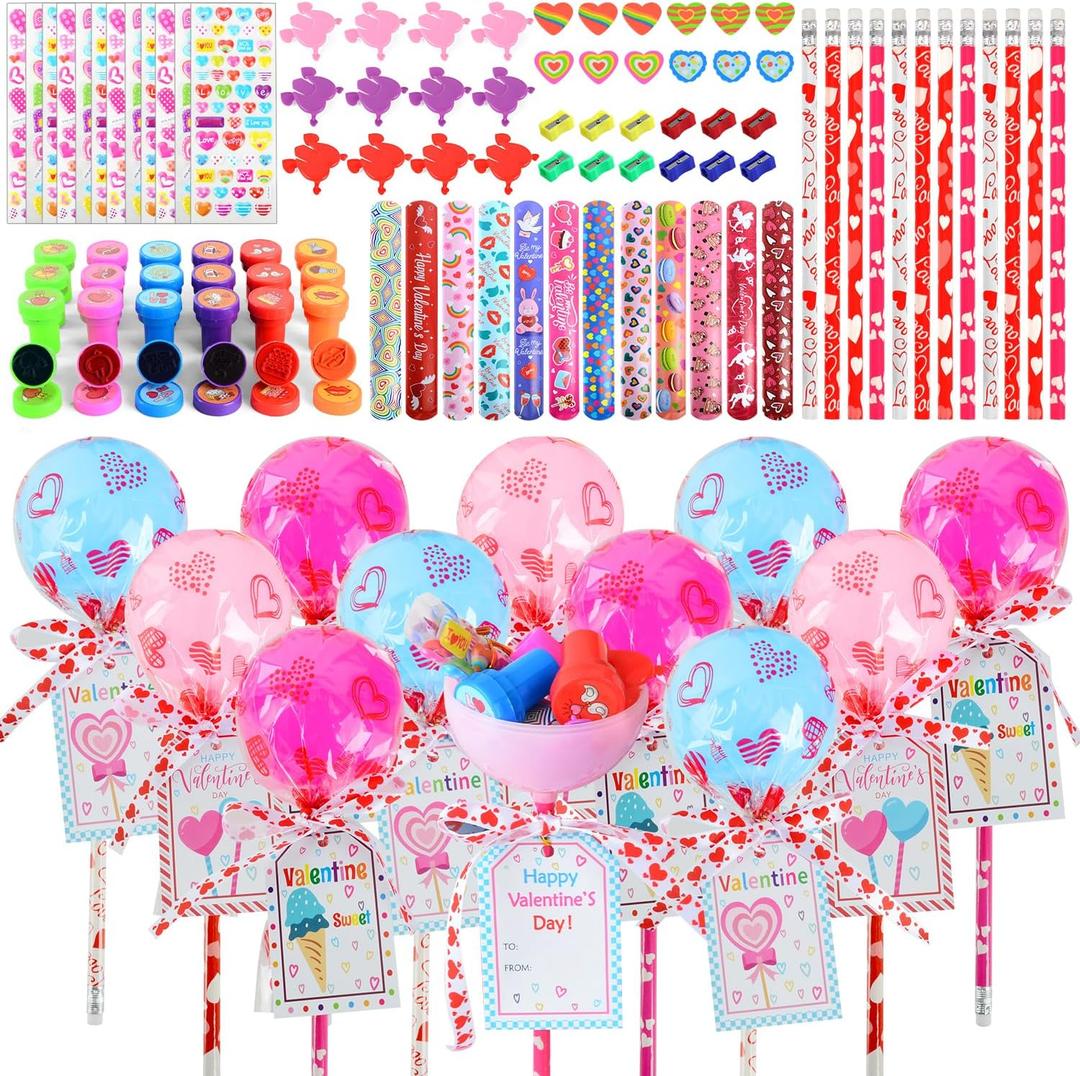 Valentines Day Gifts for Kids, 24 Pack Valentines Stationery Set, Giant Lollipop Party Favors with Pencils Stickers Erasers Stampers, Goodie Bag School Rewards Classmate Exchange Gifts for Boys Girls