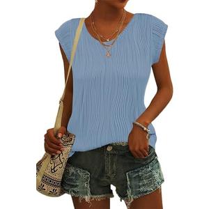 AUSELILY Women's 2025 Trendy Summer Cap Sleeve Tank Tops Casual Ladies Loose Fit V Neck T Shirts, L