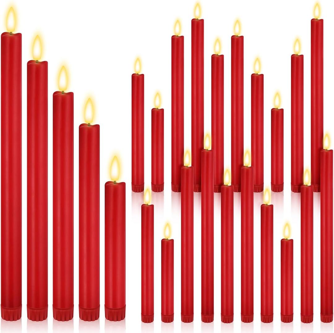 Rossesay 20 Pcs Flameless LED Taper Candles Battery Operated Taper Candles 5 Sizes of 6.5'', 7.7'', 8.8'', 10.0'', 11.2'' Flameless Candlesticks Flickering with 3D Flame for Wedding (Red)