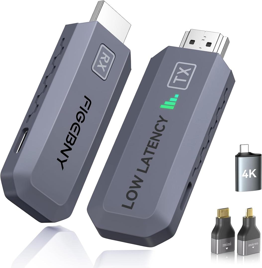 FIGEBNY Wireless HDMI Transmitter and Receiver 4K Decode 1080P Output Ultra Low Latency,Plug&Play 2.4G/5G Portable Extender, 165FT HD Display Adapter for TV Box/PC/Laptop/Projector/DV/Camera Grey