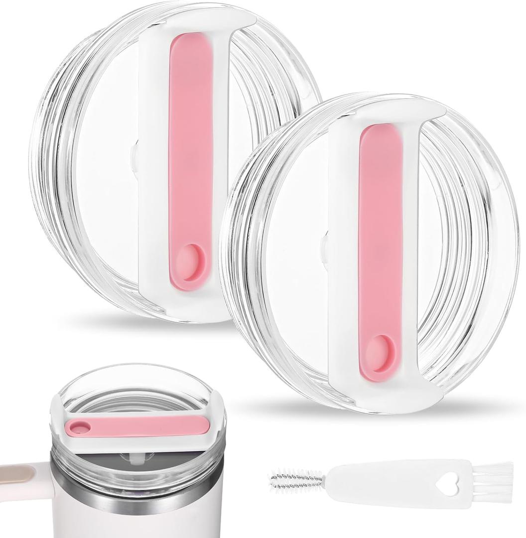 2PCS 40 Oz Tumbler Lid Replacement for Stanley Cup,Proof Tumbler Covers for Stanley Cup Accessories,Cups Lid Replacement and Cleaning Brush (Pink)