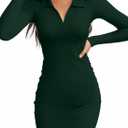 Valiamcep Women's Dress Long Sleeve V Neck Collared Ribbed Knit Bodycon Mini Pencil Dresses (Large, A Dark Green)
